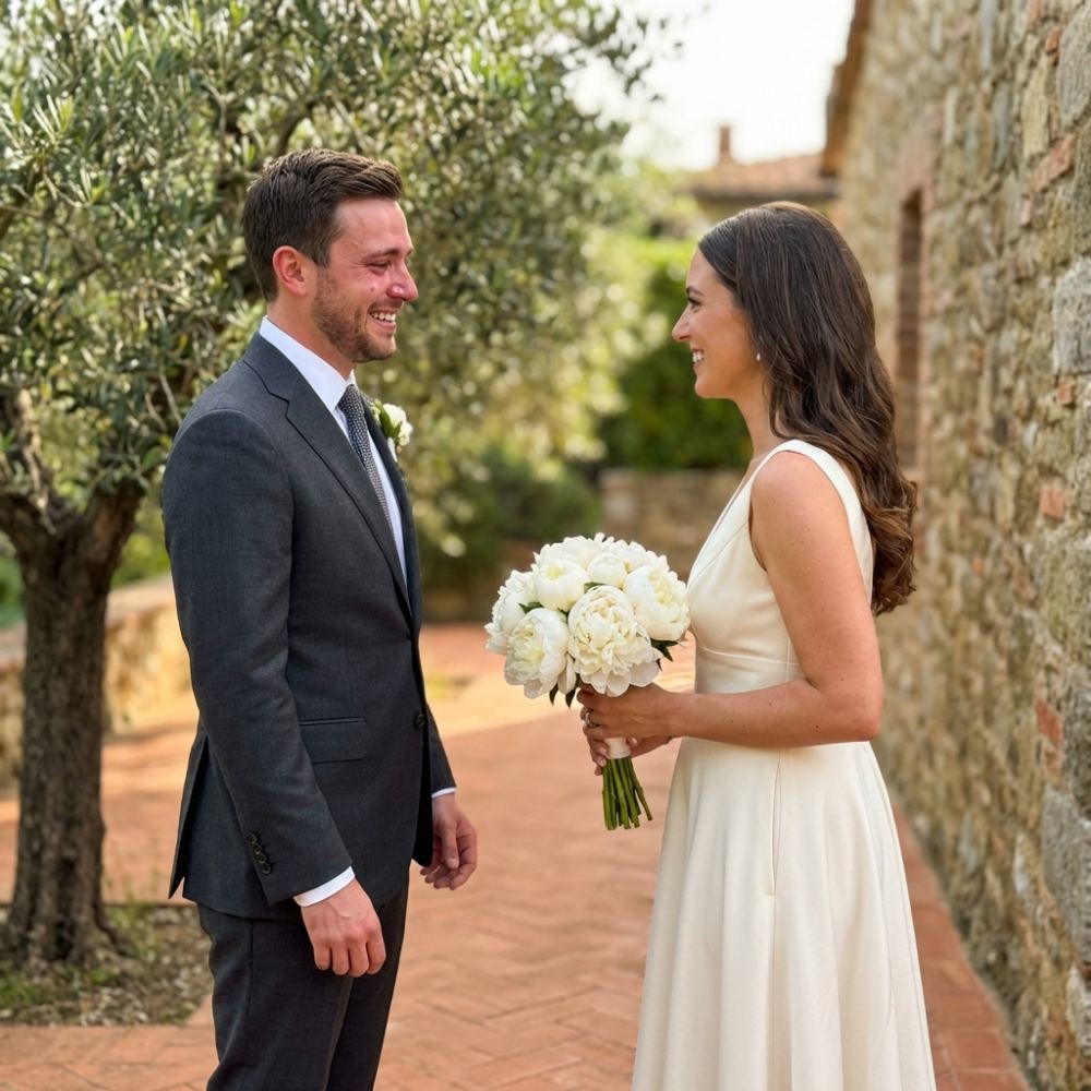 A bride holding a white rose bouquet at her first look