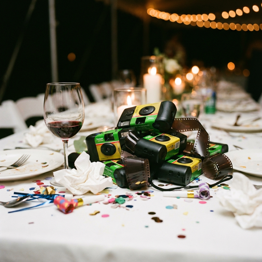 Used disposable cameras and unspooled film piled on a reception table after a wedding, next to wine glasses and confetti