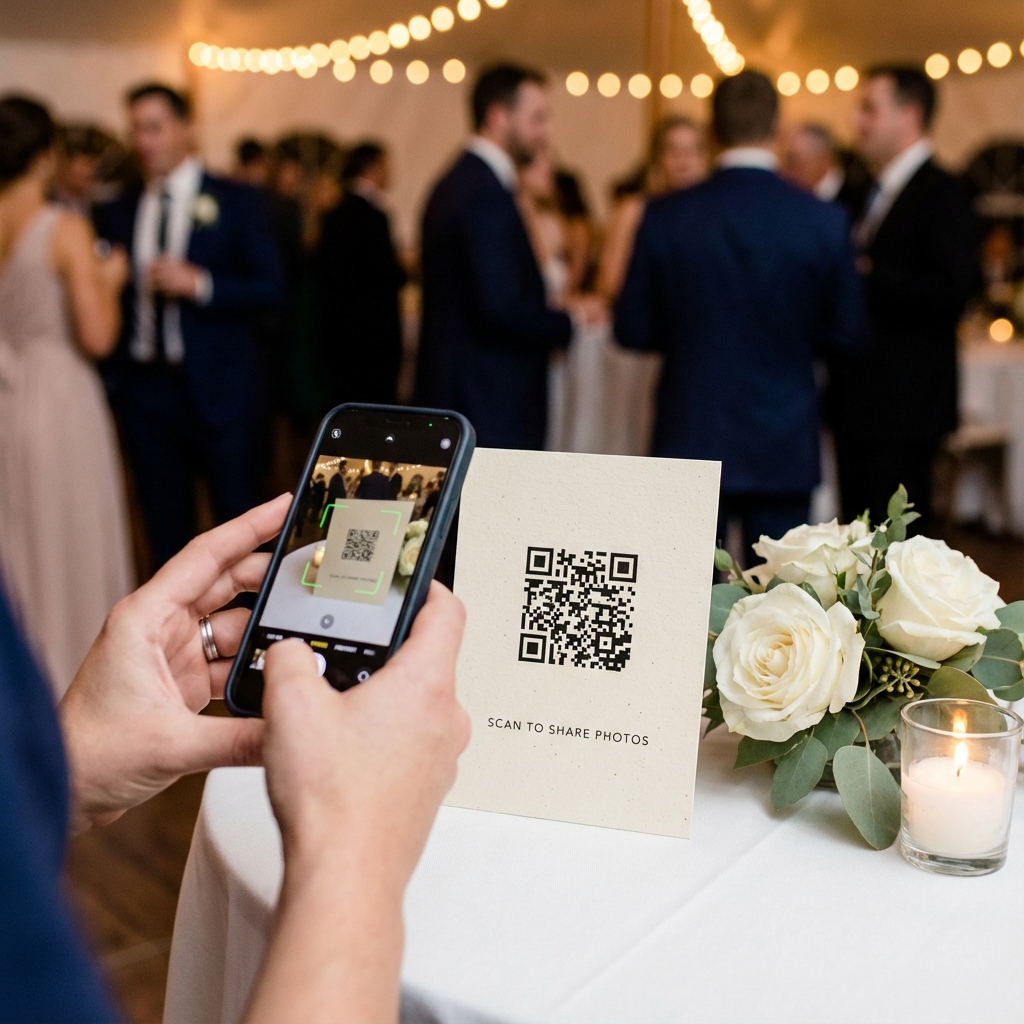 Wedding guest scanning a Scan to share photos QR card on a reception table with a phone