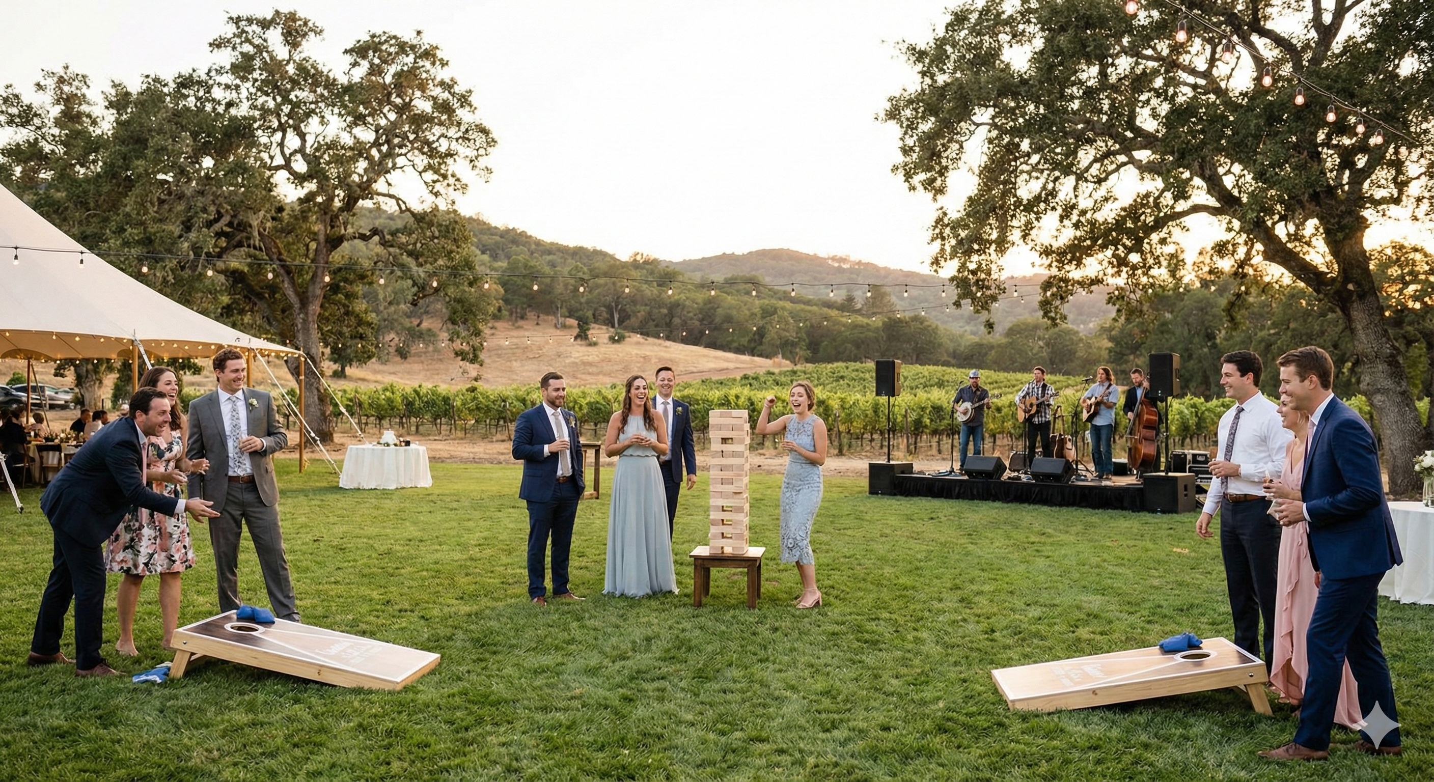 Mariage extérieur avec jeux pelouse incluant cornhole et Jenga géant pour divertissement invités