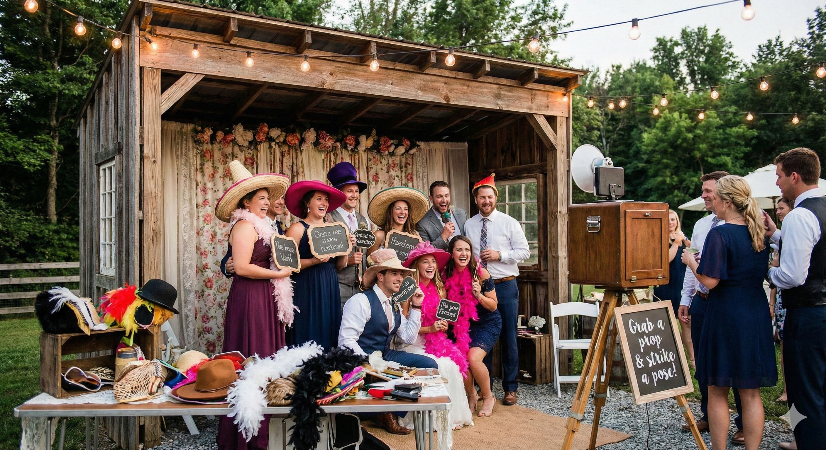 Setup cabine photo mariage créatif avec accessoires et fond pour divertissement invités