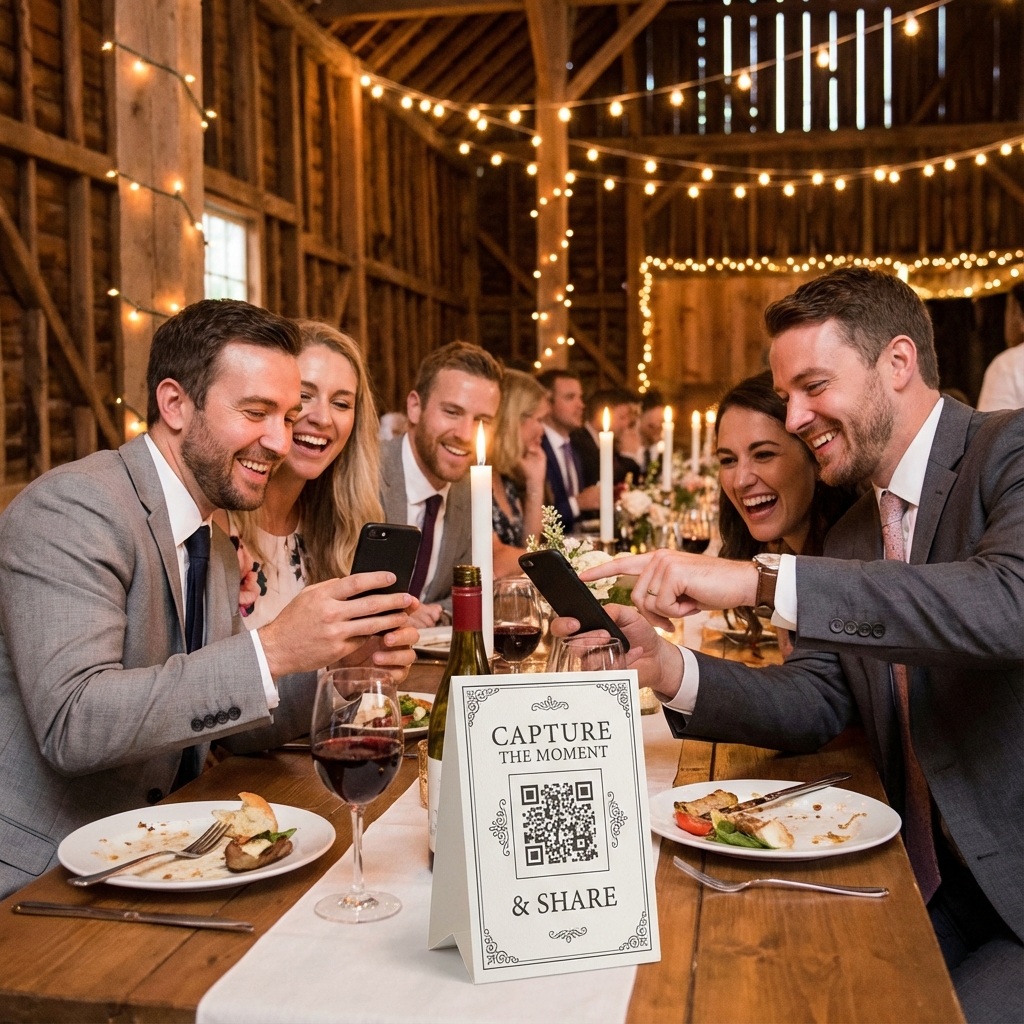 Gäste haben Spaß beim Scannen eines QR-Codes, um Fotos sofort zu teilen