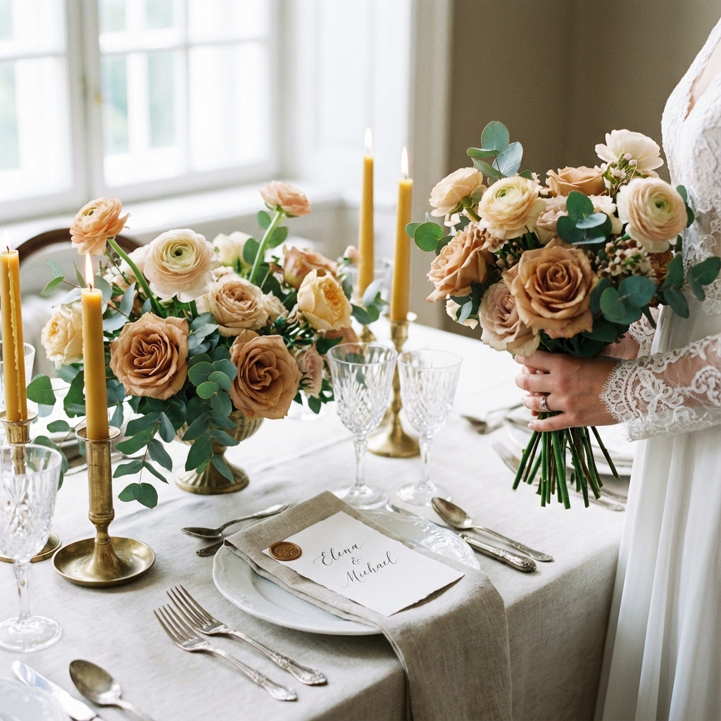 Elegante Hochzeitstisch-Dekoration Details