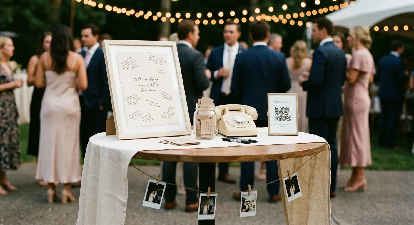 Wedding guest book table with a signed print, instant photos, a vintage phone and a QR code