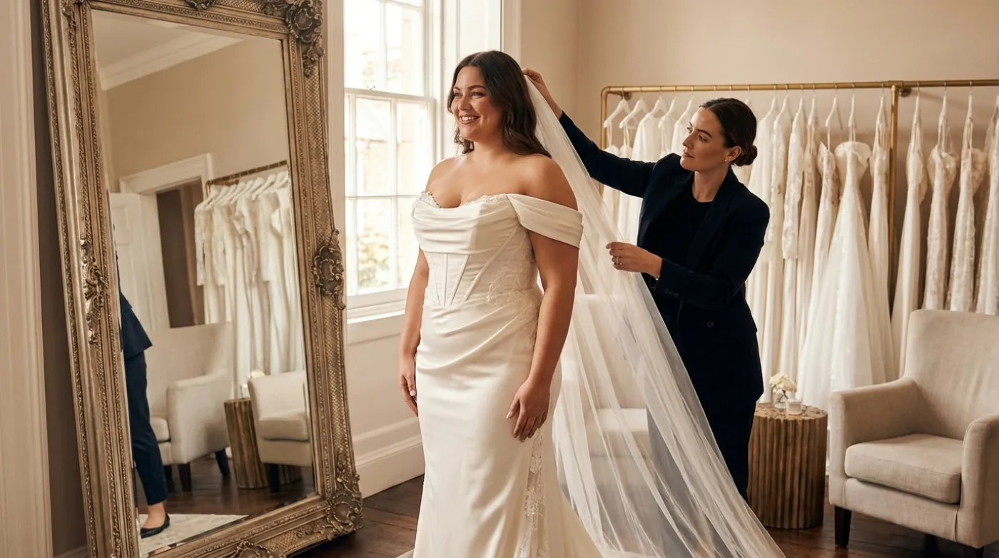 Braut in einem Curvy-Brautkleid, die Beraterin richtet den Schleier (Symbolbild)