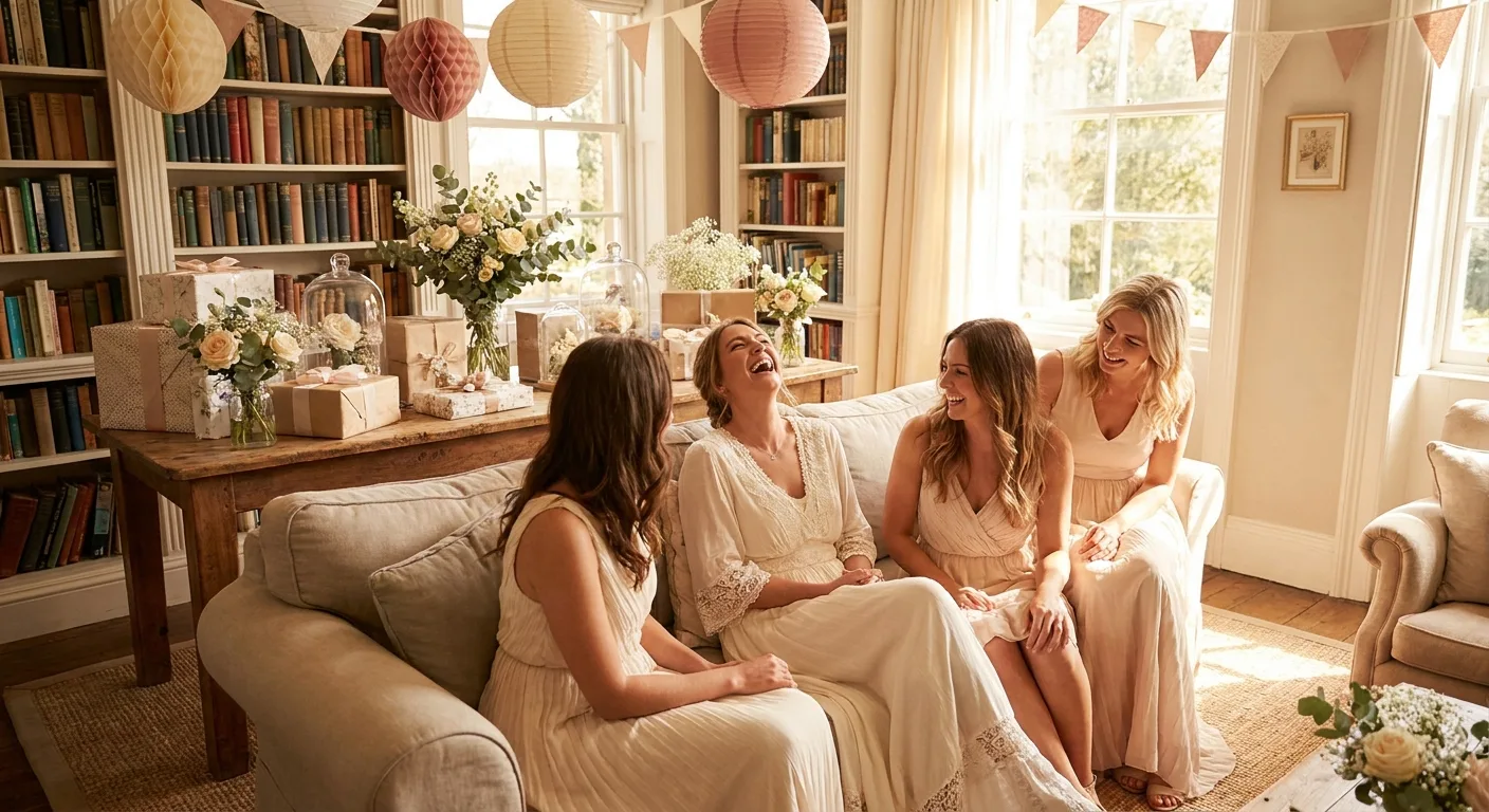 Bride-to-be laughing with three friends at her bridal shower