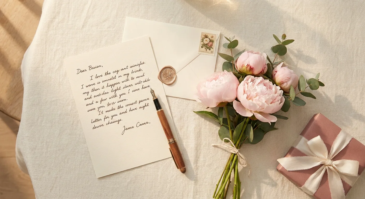 Handwritten thank you note on cream stationery with a fountain pen, envelope and peonies