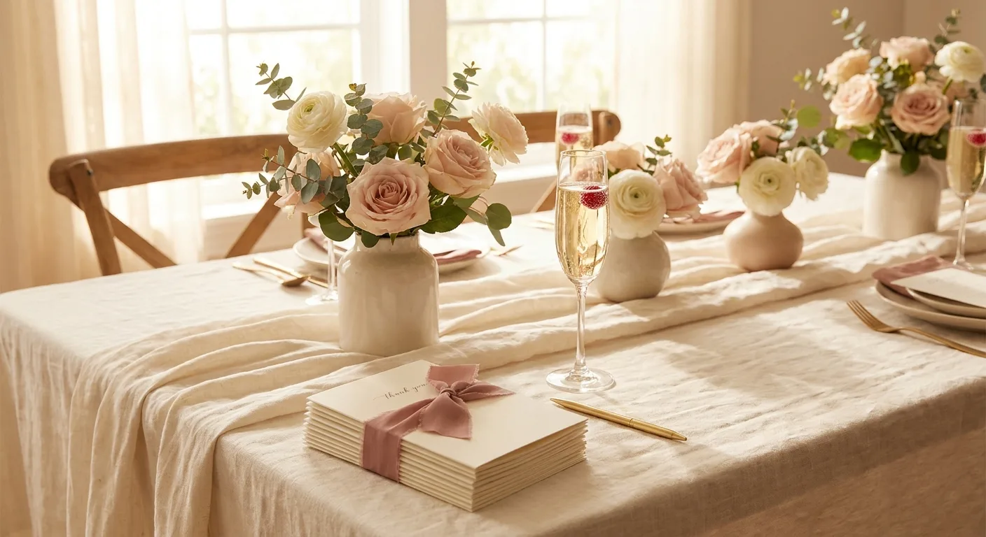 Shower table set with a stack of thank you cards