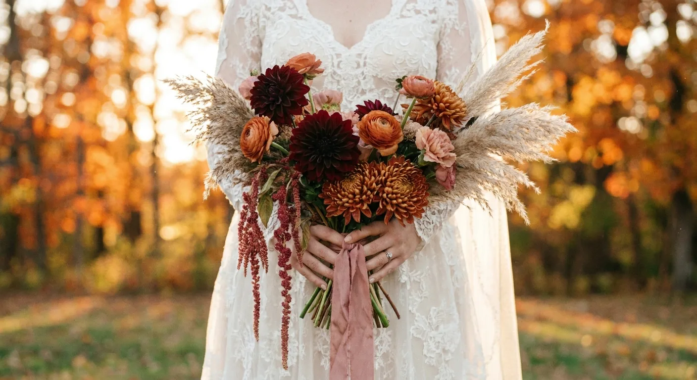 Fall bridal bouquet with burgundy dahlias, rust mums, ranunculus, pampas grass and hanging amaranth