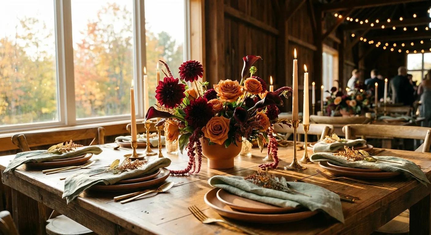 Fall reception table with burgundy and rust dahlias, candles and gold accents