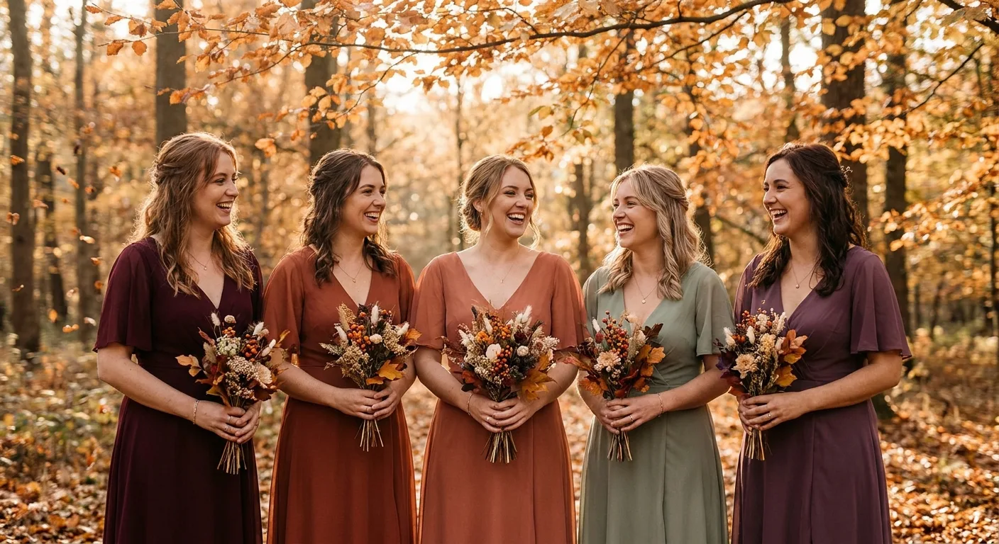 Bridesmaids in mismatched rust, burgundy and sage dresses in an autumn garden