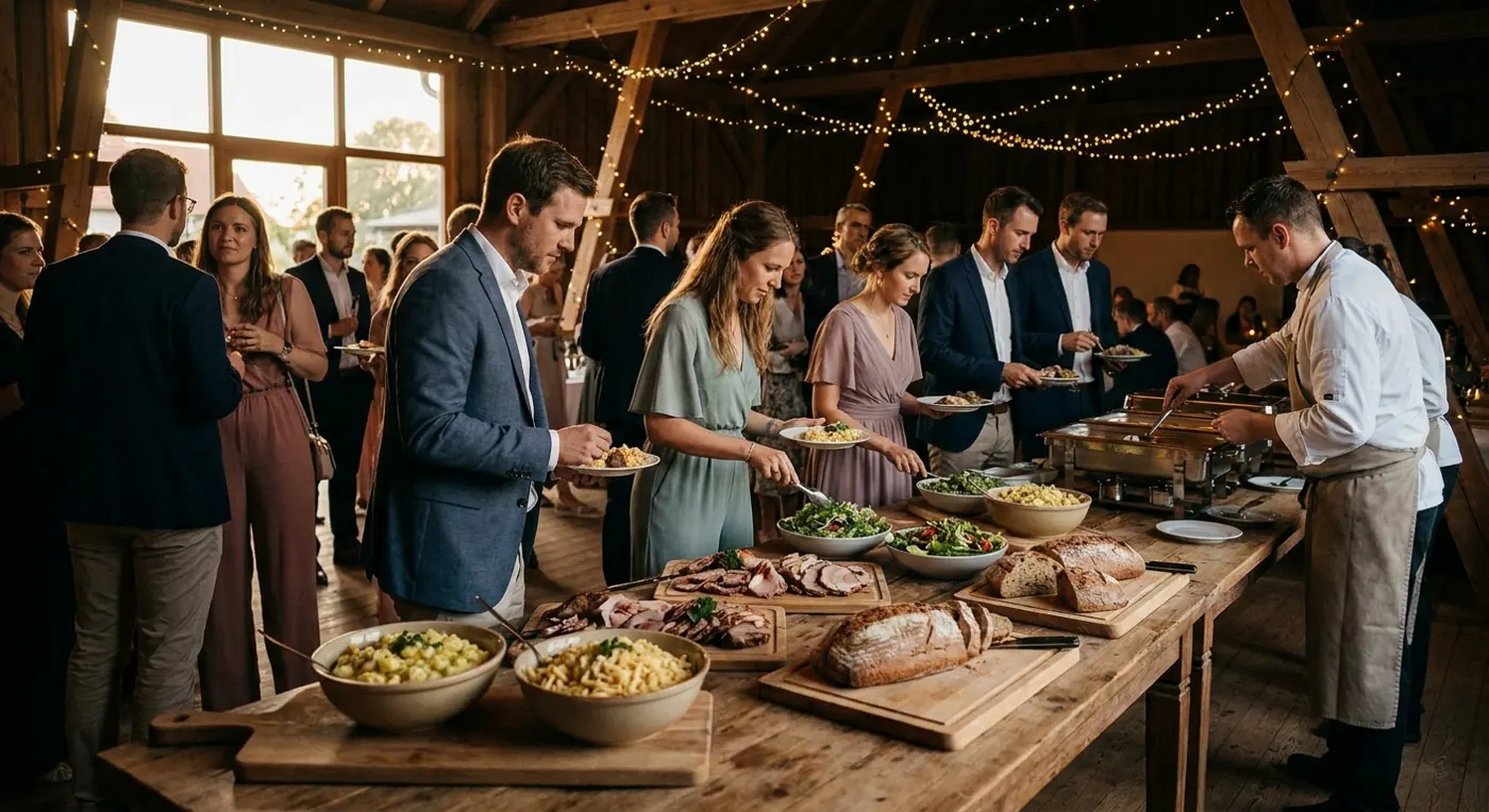 Gäste holen sich Essen vom Buffet in einer Scheune (Symbolbild)
