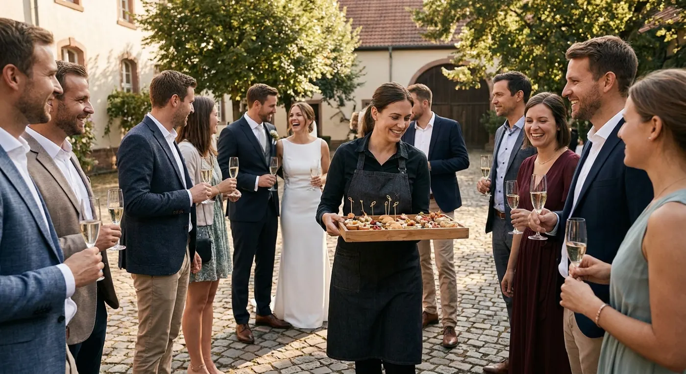 Sektempfang im Innenhof, eine Servicekraft reicht Fingerfood vom Tablett (Symbolbild)