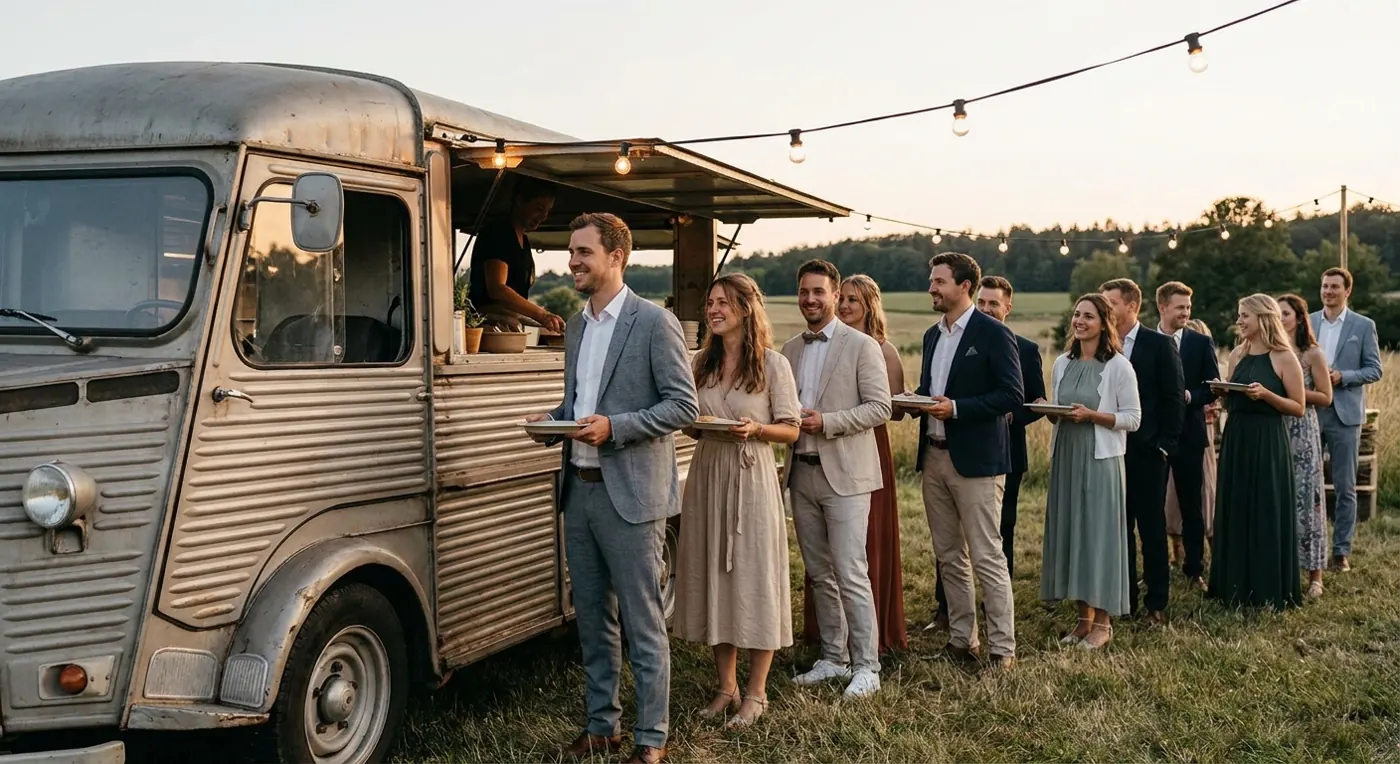 Gäste stehen in der Abendsonne vor einem alten Foodtruck auf einer Wiese an (Symbolbild)