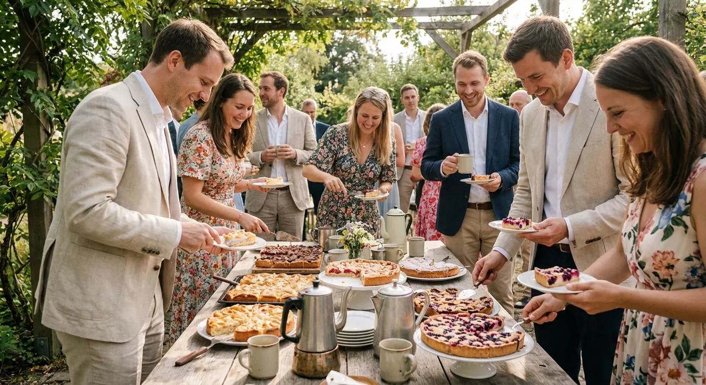 Gäste bedienen sich am Kuchenbuffet im Garten (Symbolbild)