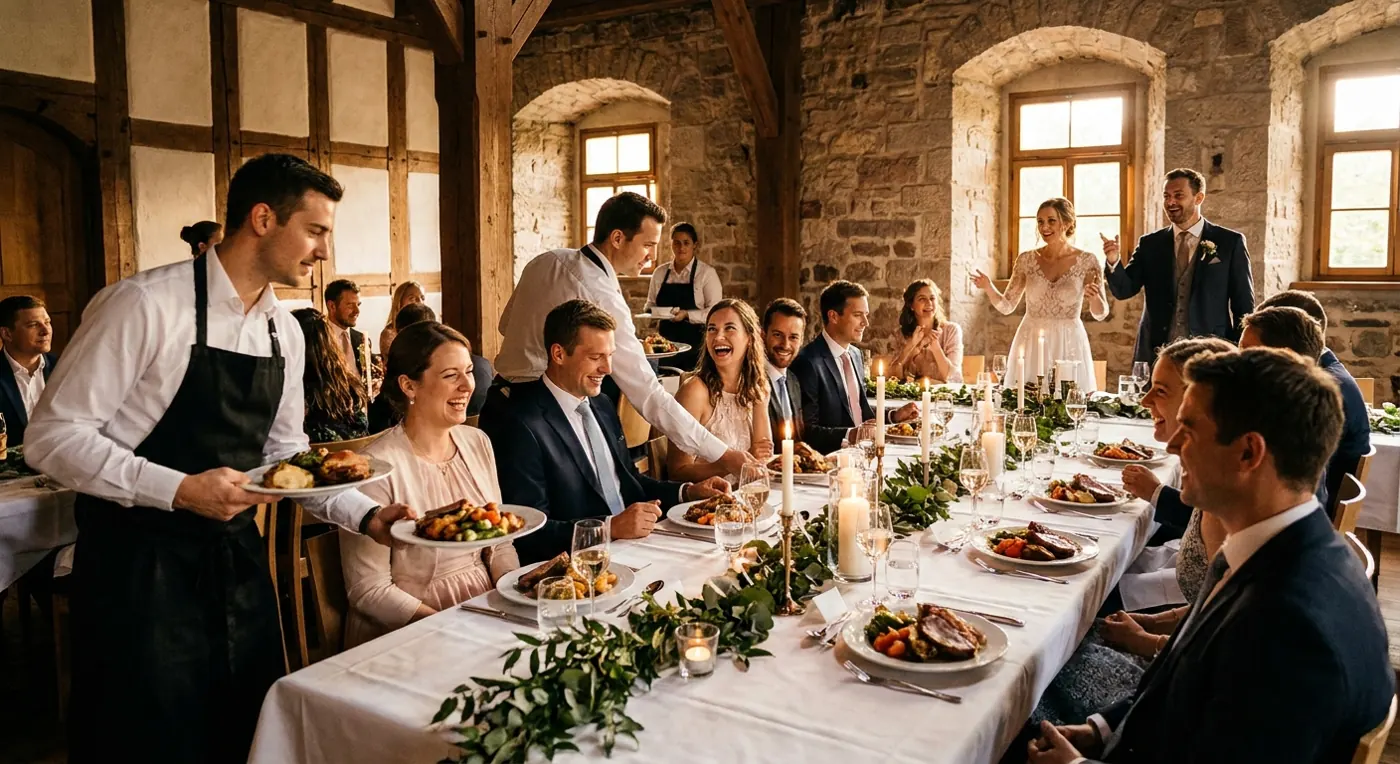 Servicekräfte servieren das Hochzeitsmenü an einer langen Tafel in einem Saal mit Steinwänden (Symbolbild)