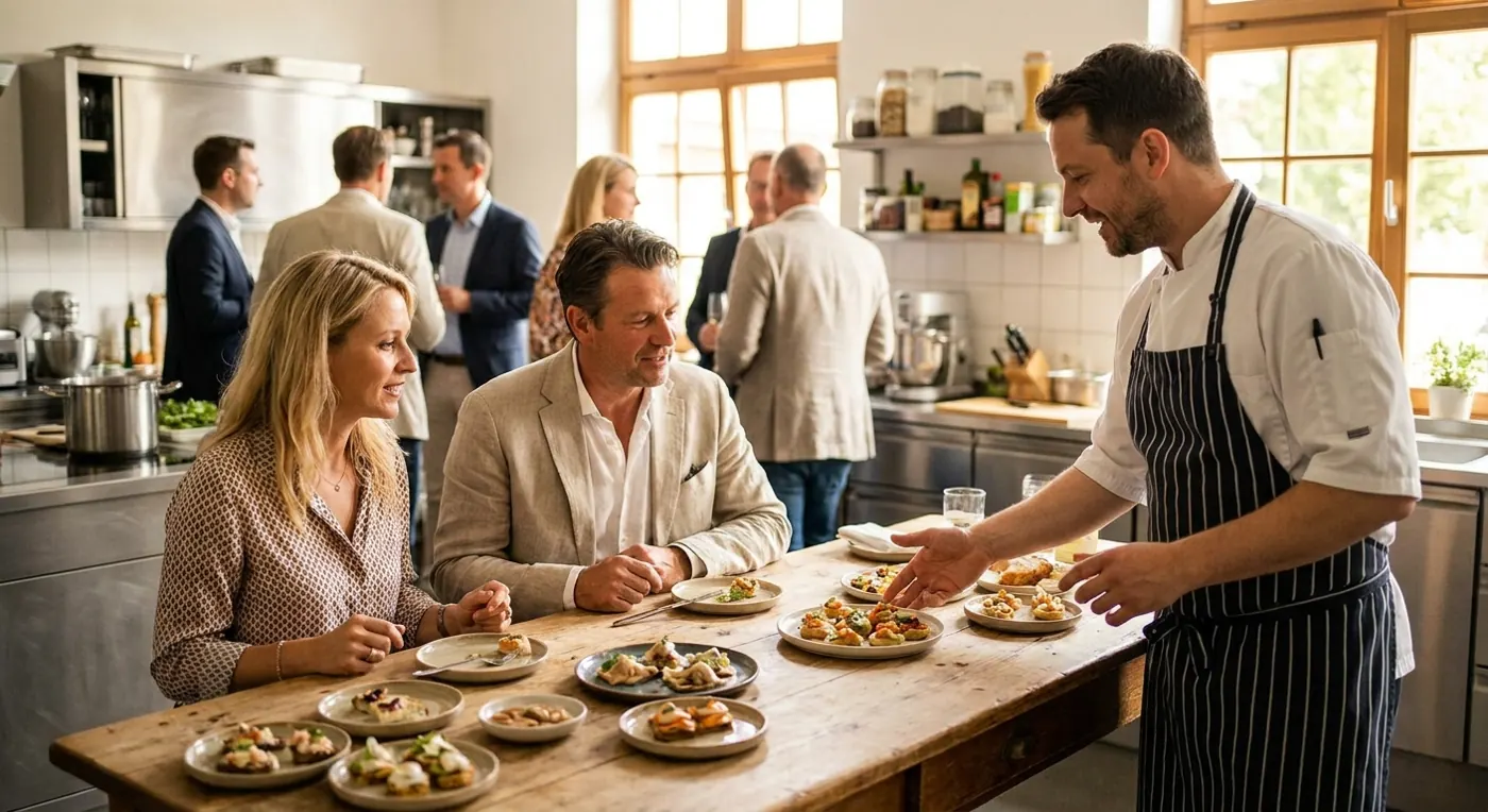 Brautpaar beim Probeessen in der Küche, der Koch erklärt die Teller (Symbolbild)