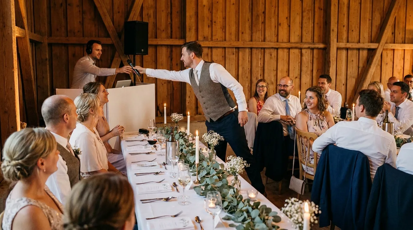 DJ reicht dem Trauzeugen an der Tafel das Mikrofon für die Rede (Symbolbild)