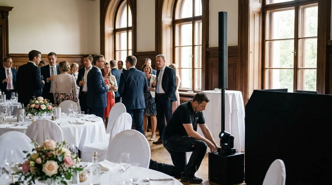 Lautsprecher und Lichttechnik für eine Hochzeitsfeier im Saal (Symbolbild)
