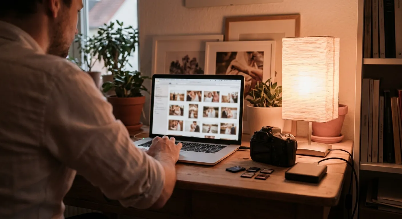 Fotograf bearbeitet Hochzeitsfotos am Schreibtisch, auf dem Laptop eine Galerie mit Vorschaubildern (Symbolbild)