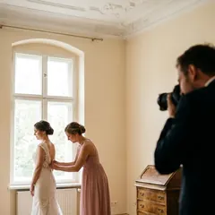 Braut am Altbaufenster, eine Freundin schließt das Kleid, im Vordergrund der Fotograf (Symbolbild)