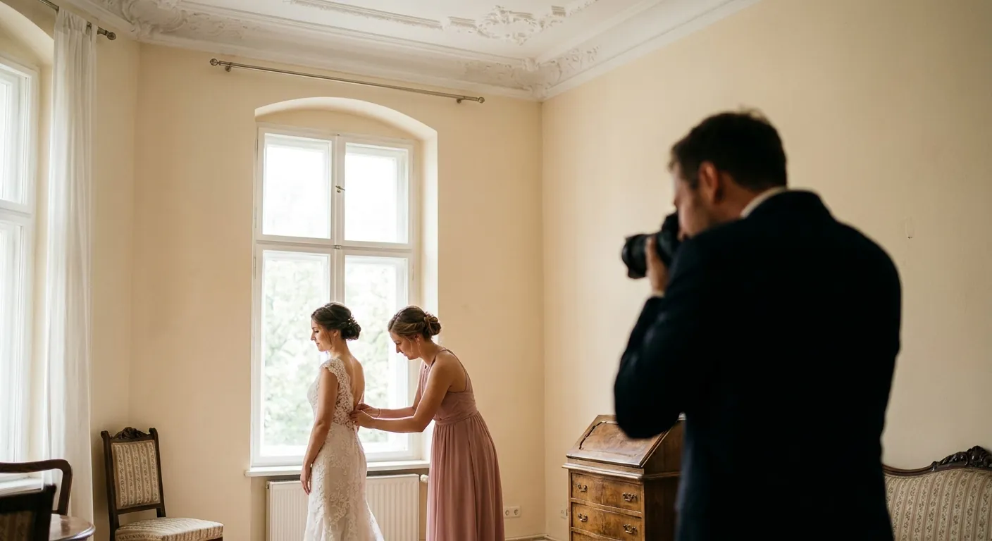 Braut im Kleid beim Getting-ready, ein Fotograf hält den Moment fest (Symbolbild)