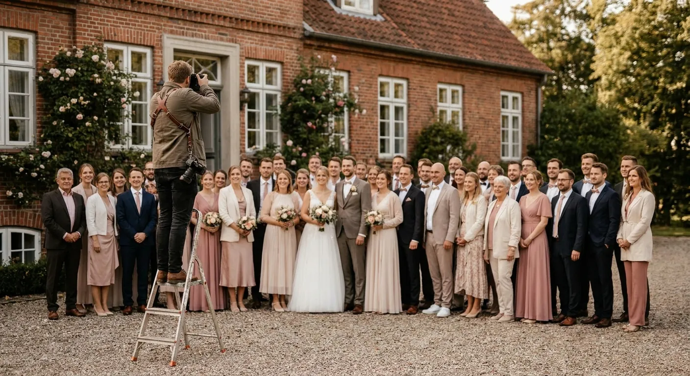 Hochzeitsgesellschaft in festlicher Kleidung beim Gruppenfoto (Symbolbild)