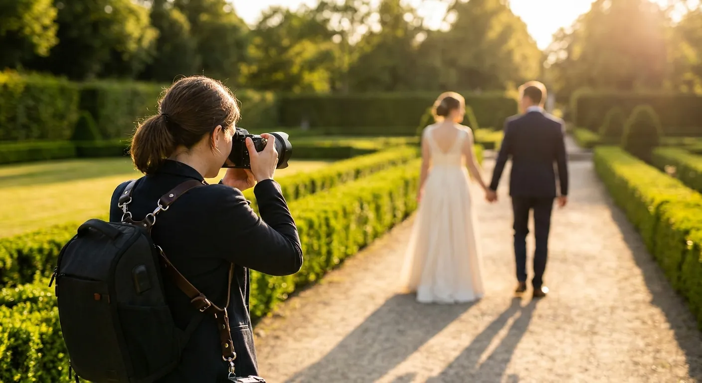 Fotografin fotografiert das Brautpaar auf einem Kiesweg in einem barocken Heckengarten im Abendlicht (Symbolbild)