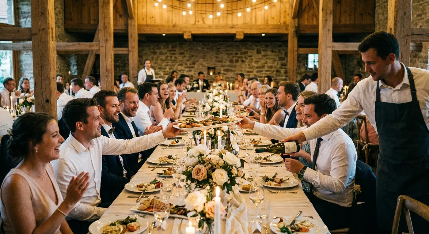 Lange Hochzeitstafel in einer Scheune, ein Kellner schenkt Wein nach (Symbolbild)