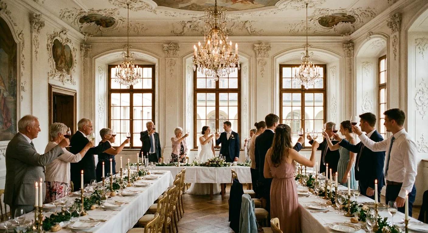 Hochzeitsgesellschaft stößt in einem barocken Festsaal an (Symbolbild)