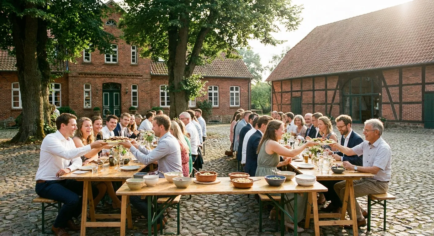 Lange Hochzeitstafel im Innenhof eines Gutshofs aus Backstein (Symbolbild)