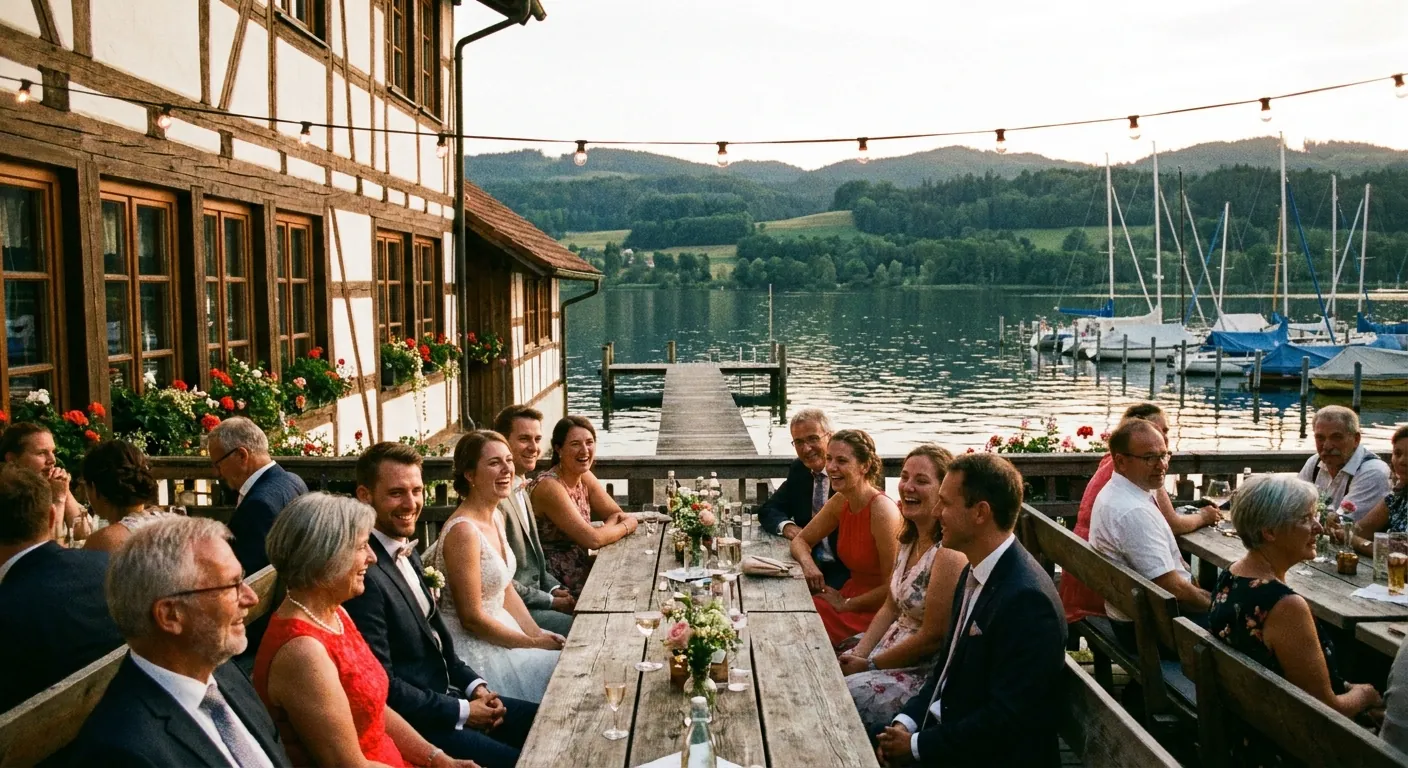 Hochzeitsfeier auf einer Terrasse am See mit Booten (Symbolbild)