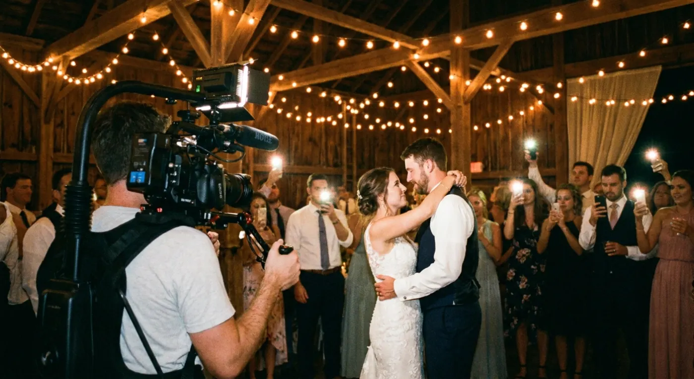 Videographer filming a first dance while guests film on their phones