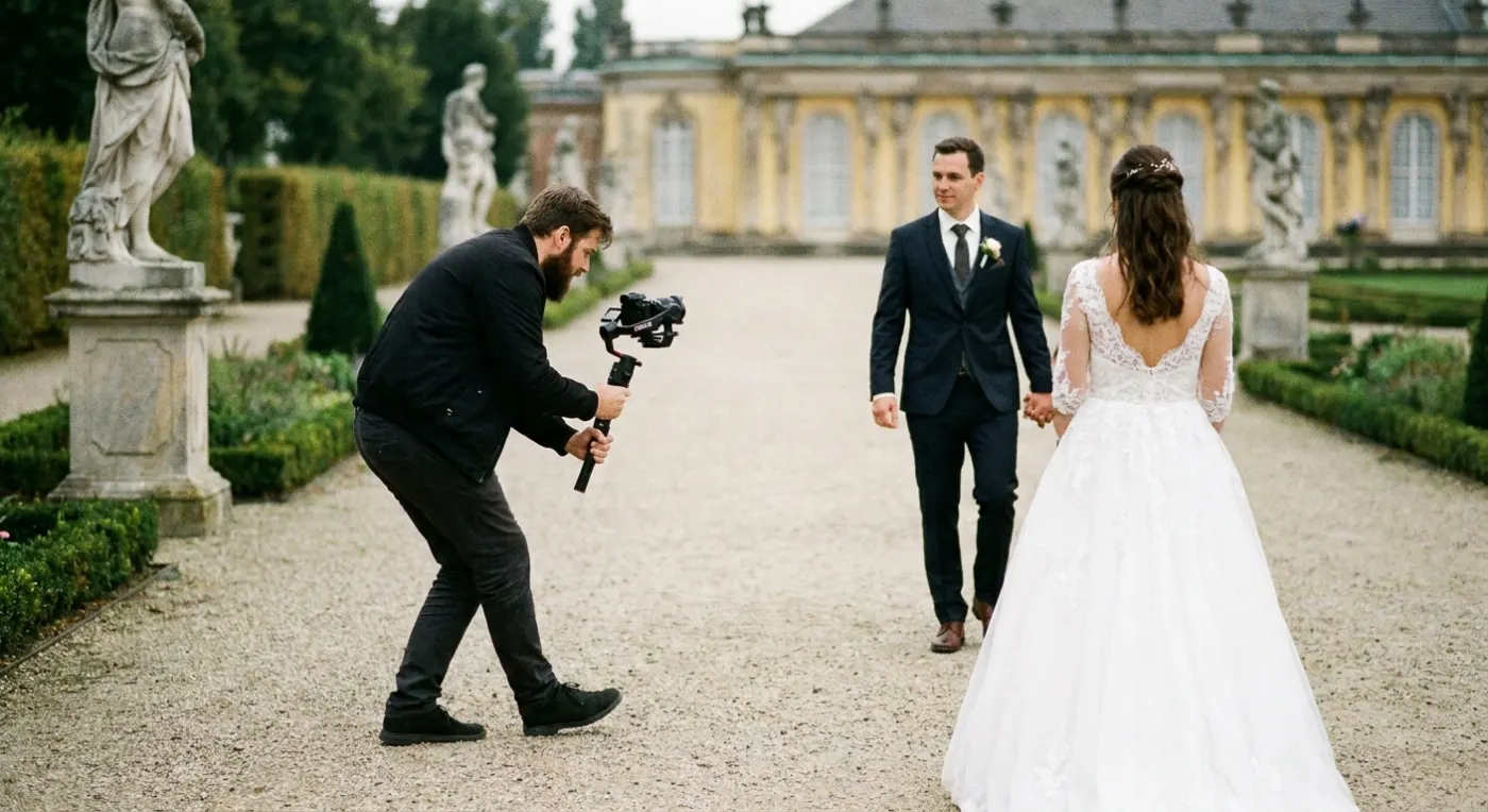 Videographer filming a couple with a handheld gimbal