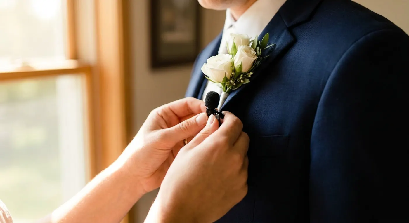 Small lavalier microphone clipped to a groom lapel
