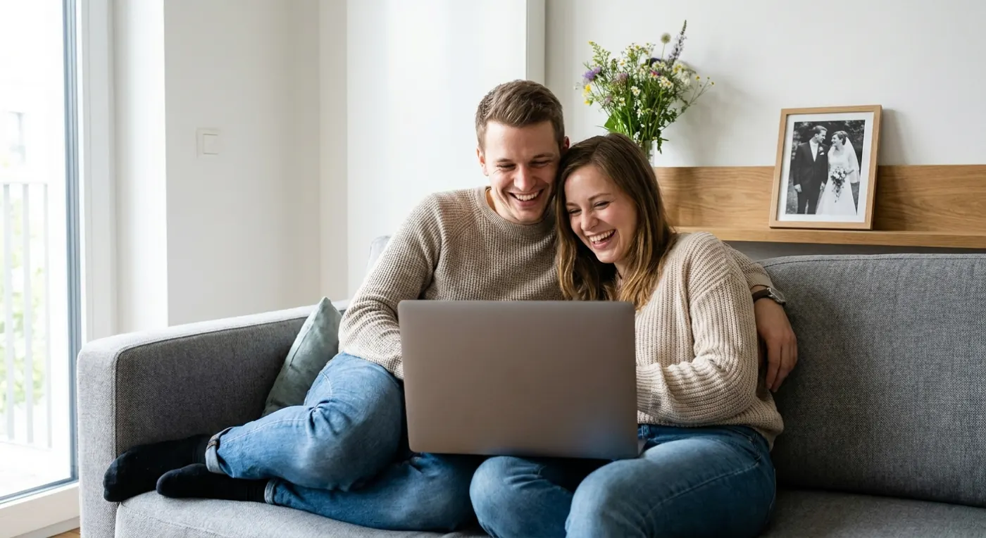 Couple watching their wedding video on a laptop at home