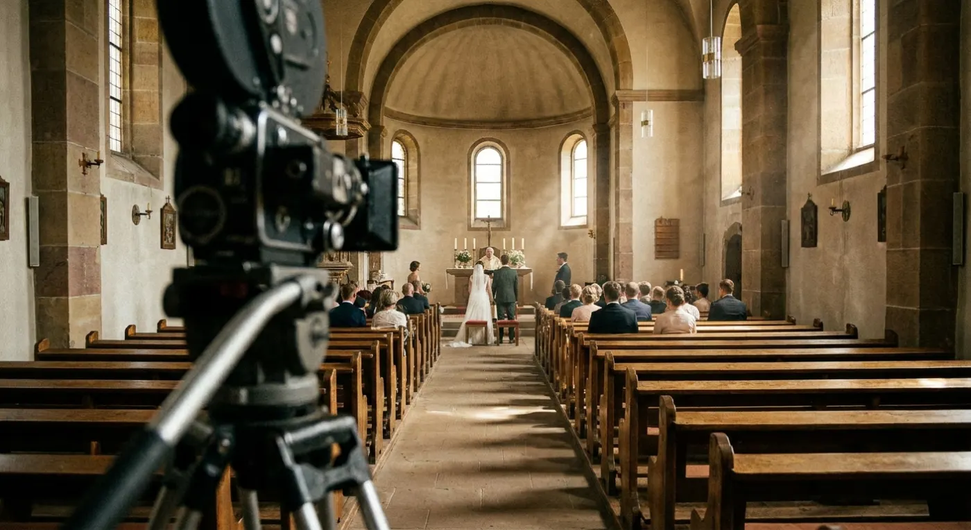 Camera on a tripod at the end of a church aisle