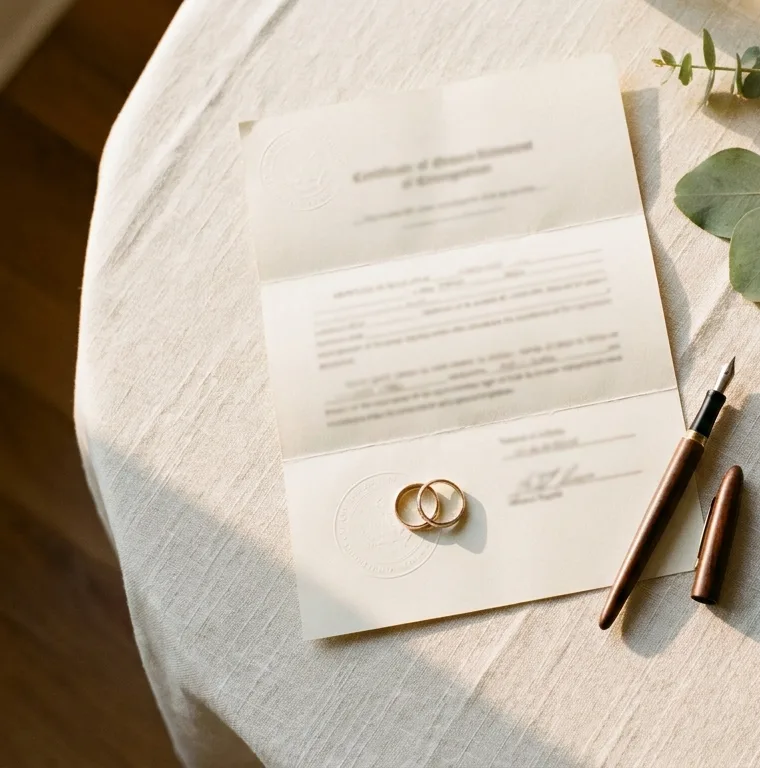 Signed marriage license on a table with two wedding rings and a fountain pen