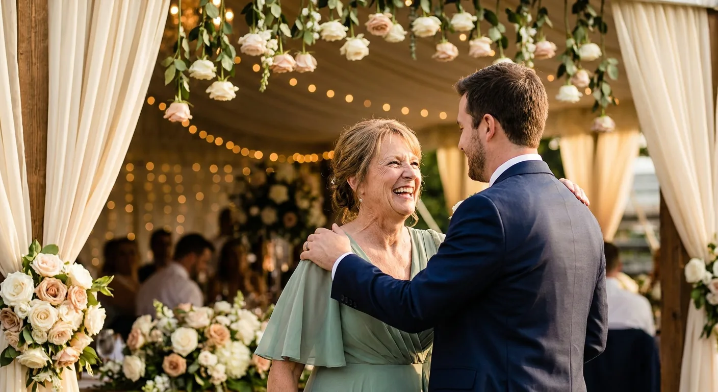 Mother of the groom in a sage green dress laughing with her son in a navy suit under string lights at the wedding reception