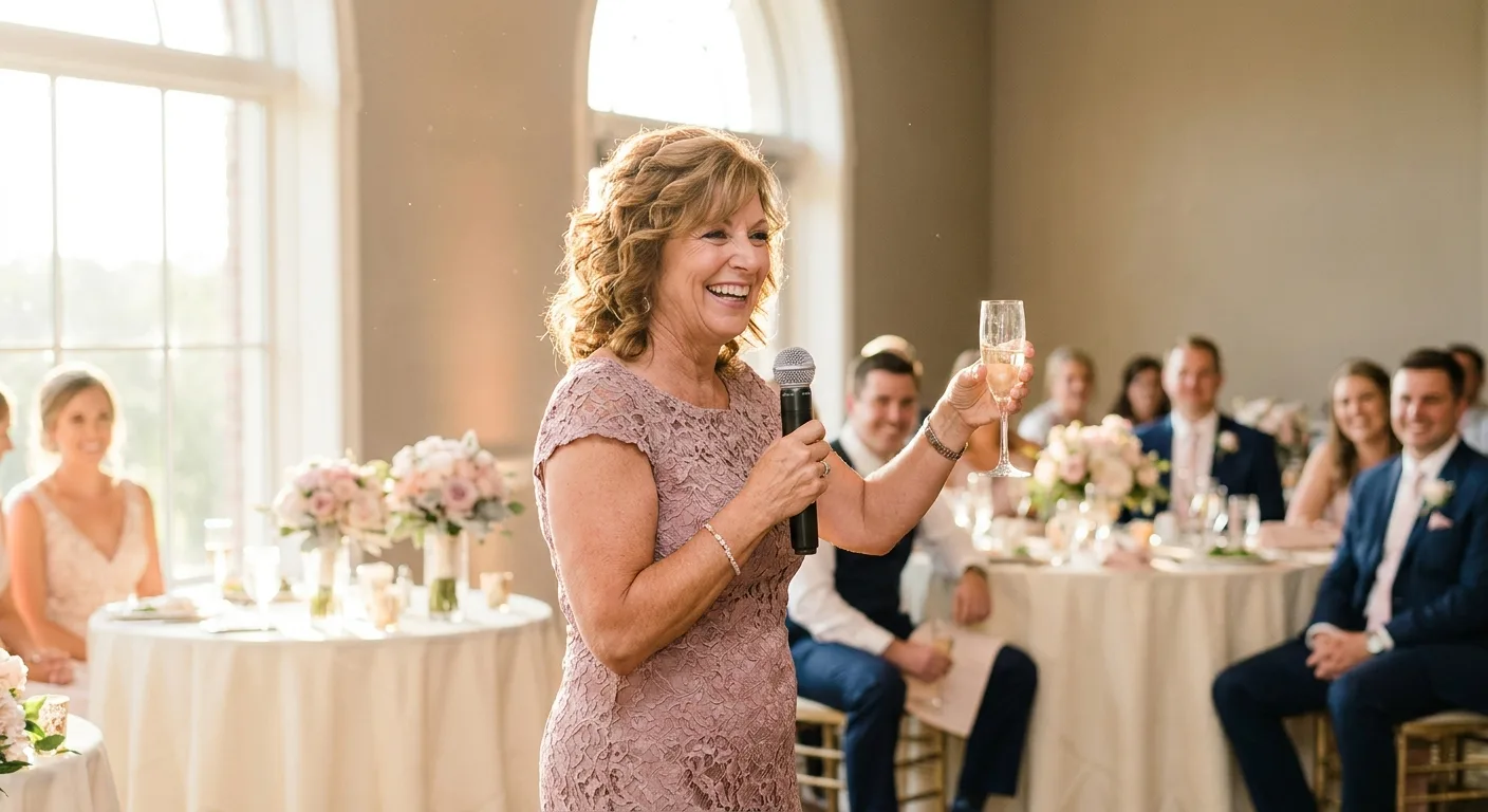 Mother of the groom in a dusty rose lace dress laughing while giving a funny wedding toast with a microphone and a champagne flute