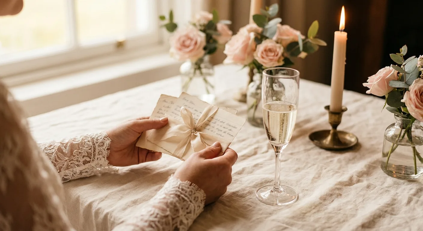 Hands holding handwritten speech index cards tied with a ribbon beside a champagne flute and pink roses on a linen table