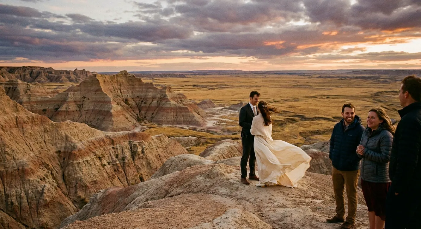 Couple and guests on eroded badlands buttes at sunset