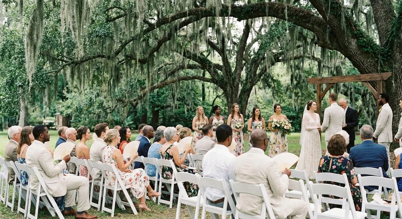 Ceremony under moss draped oaks with guests on white chairs