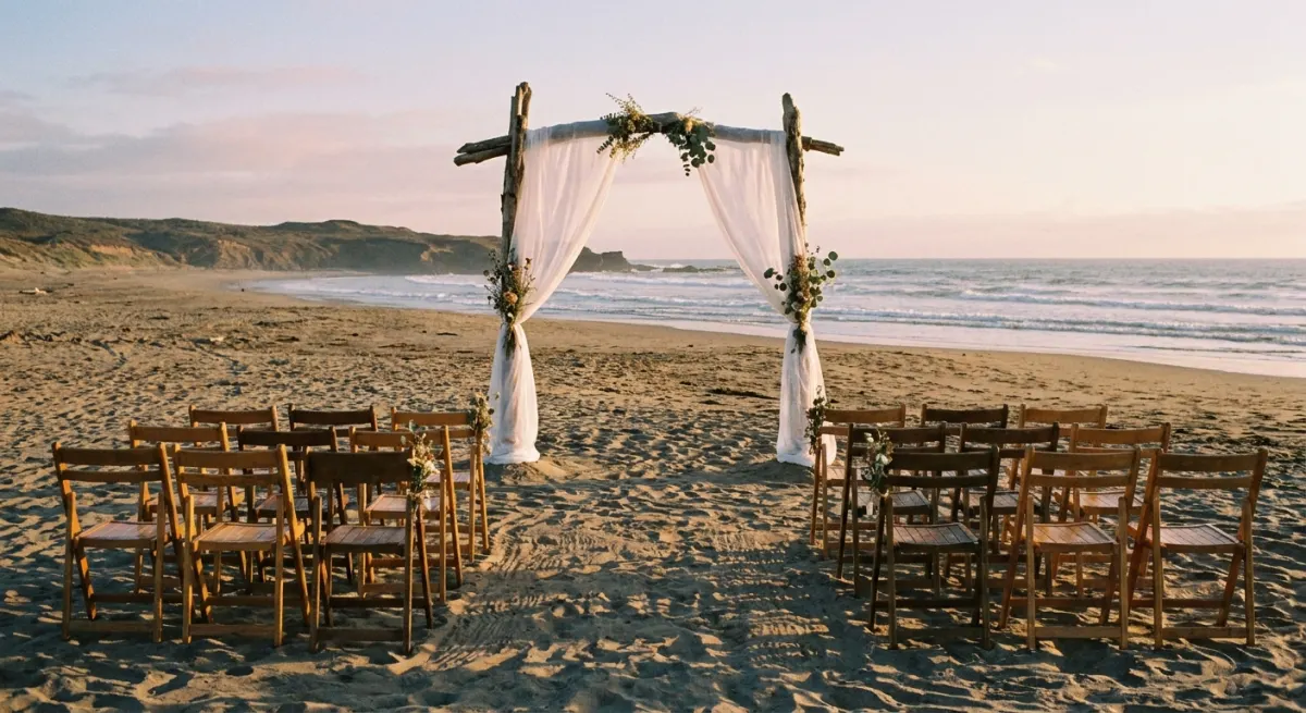 A beach ceremony set up on the sand facing the ocean at sunset