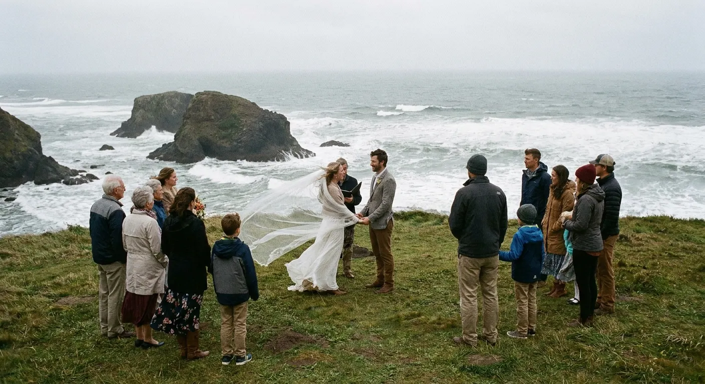Couple marrying on a grassy clifftop above a rocky ocean shore