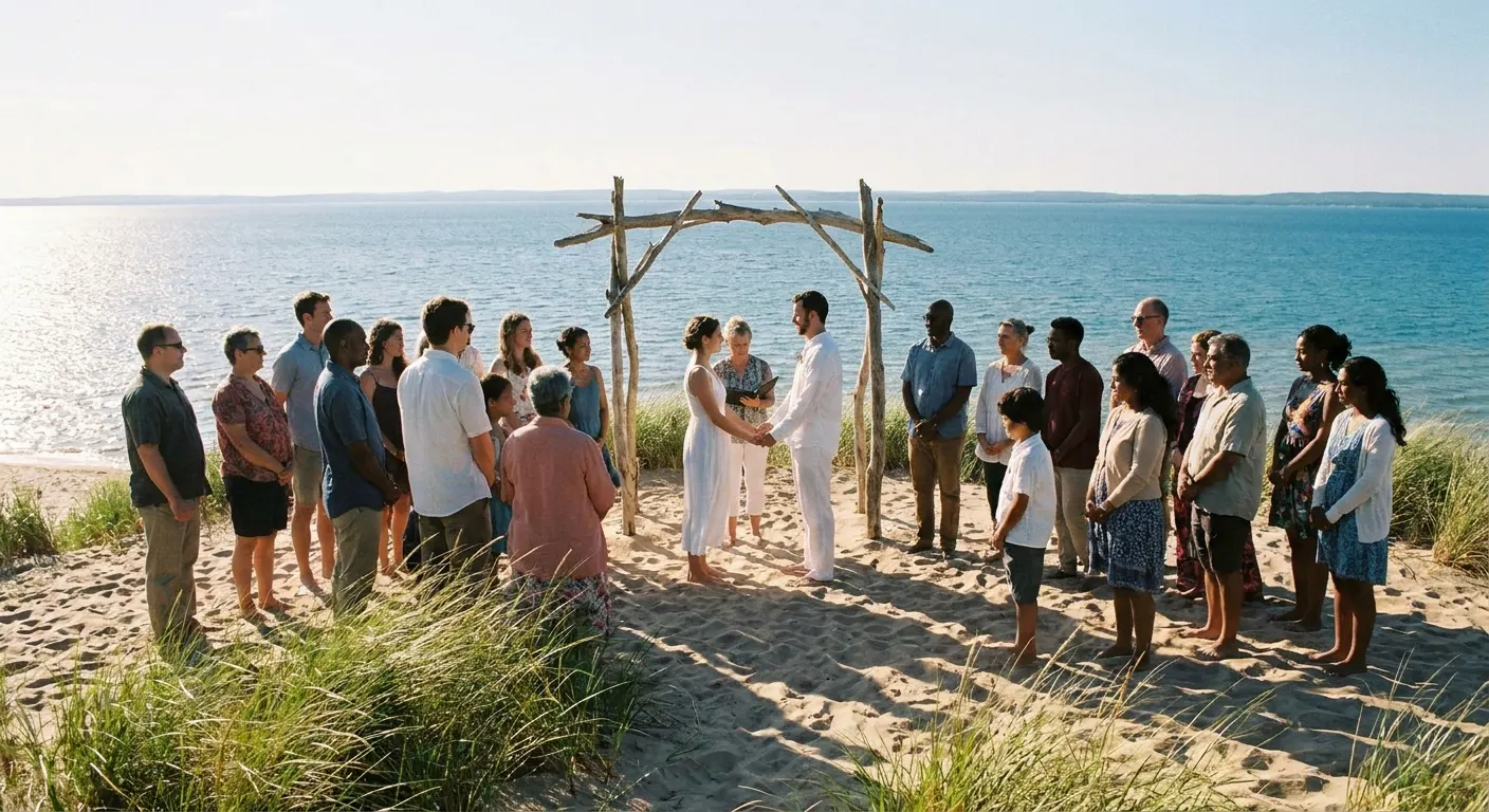 Beach ceremony on grassy dunes with a driftwood arch by the water