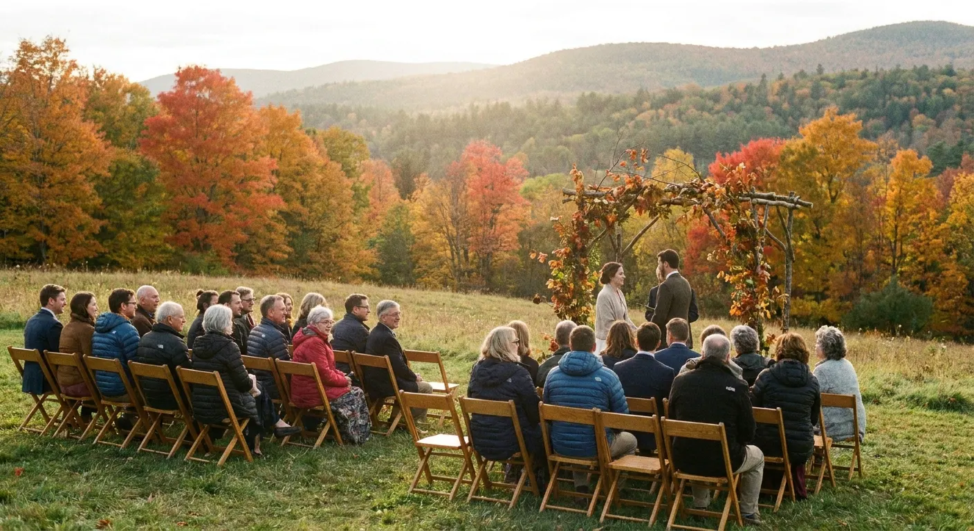 Wedding guests seated outdoors among trees in autumn colour
