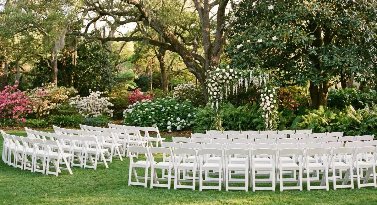White chairs set for a garden ceremony under big shade trees