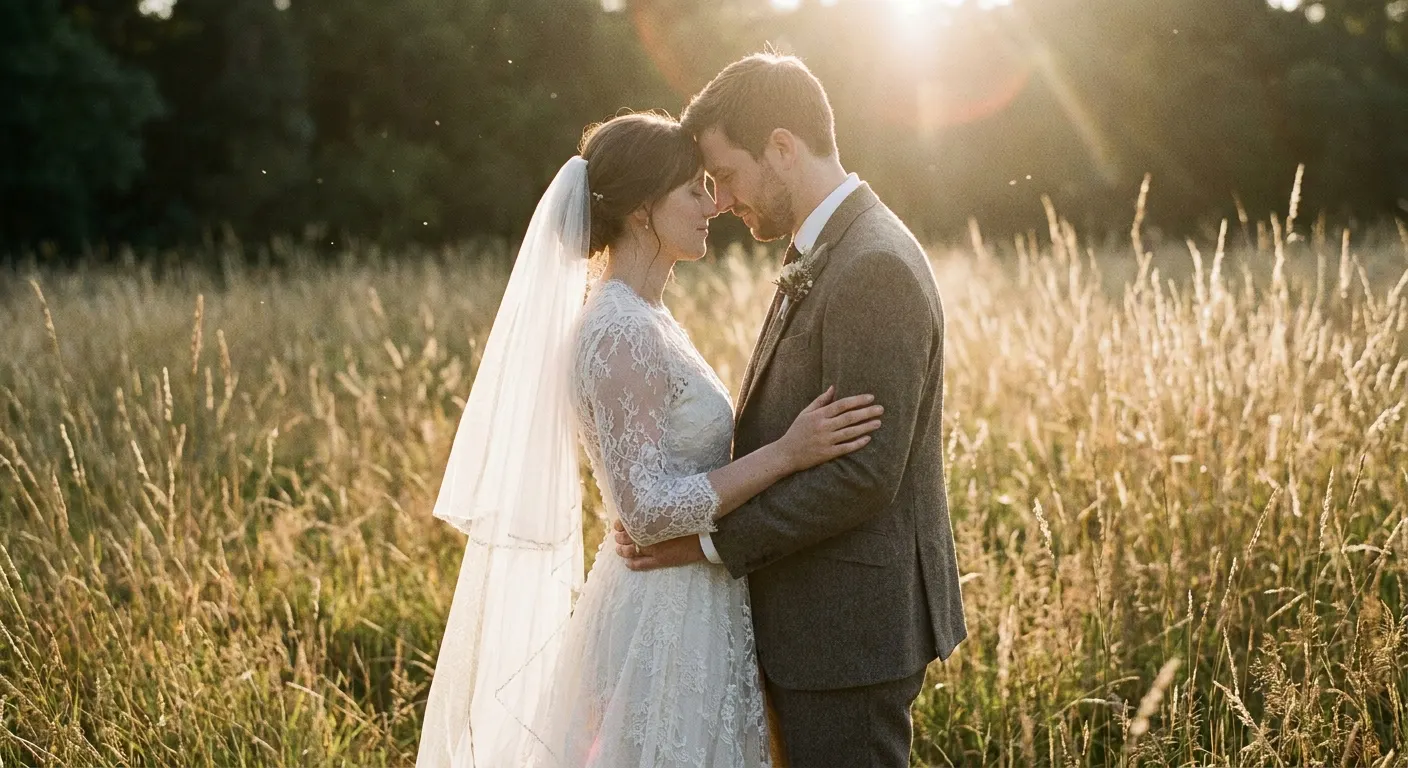 A couple embracing in long grass in golden evening light