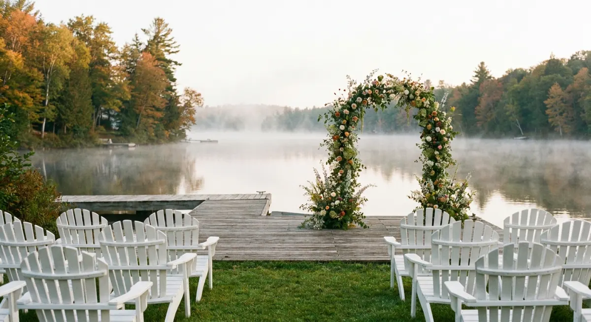 A lakeside ceremony arch beside still water and morning mist